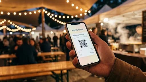 Cliente che mostra la ricevuta digitale con QR sul telefono a una sagra