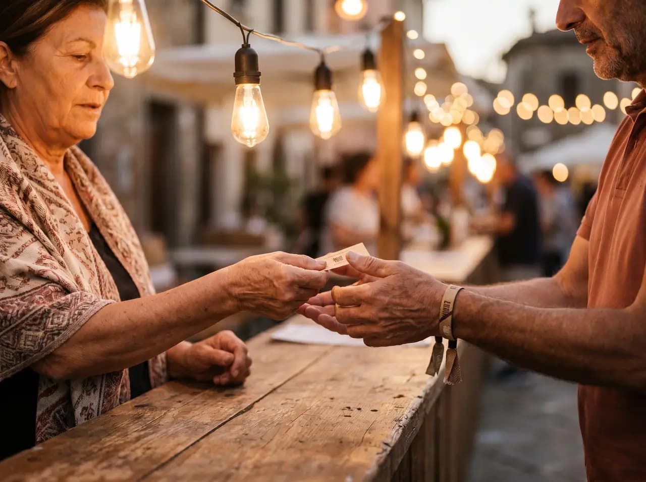 Persona che carica il credito alla cassa di una sagra