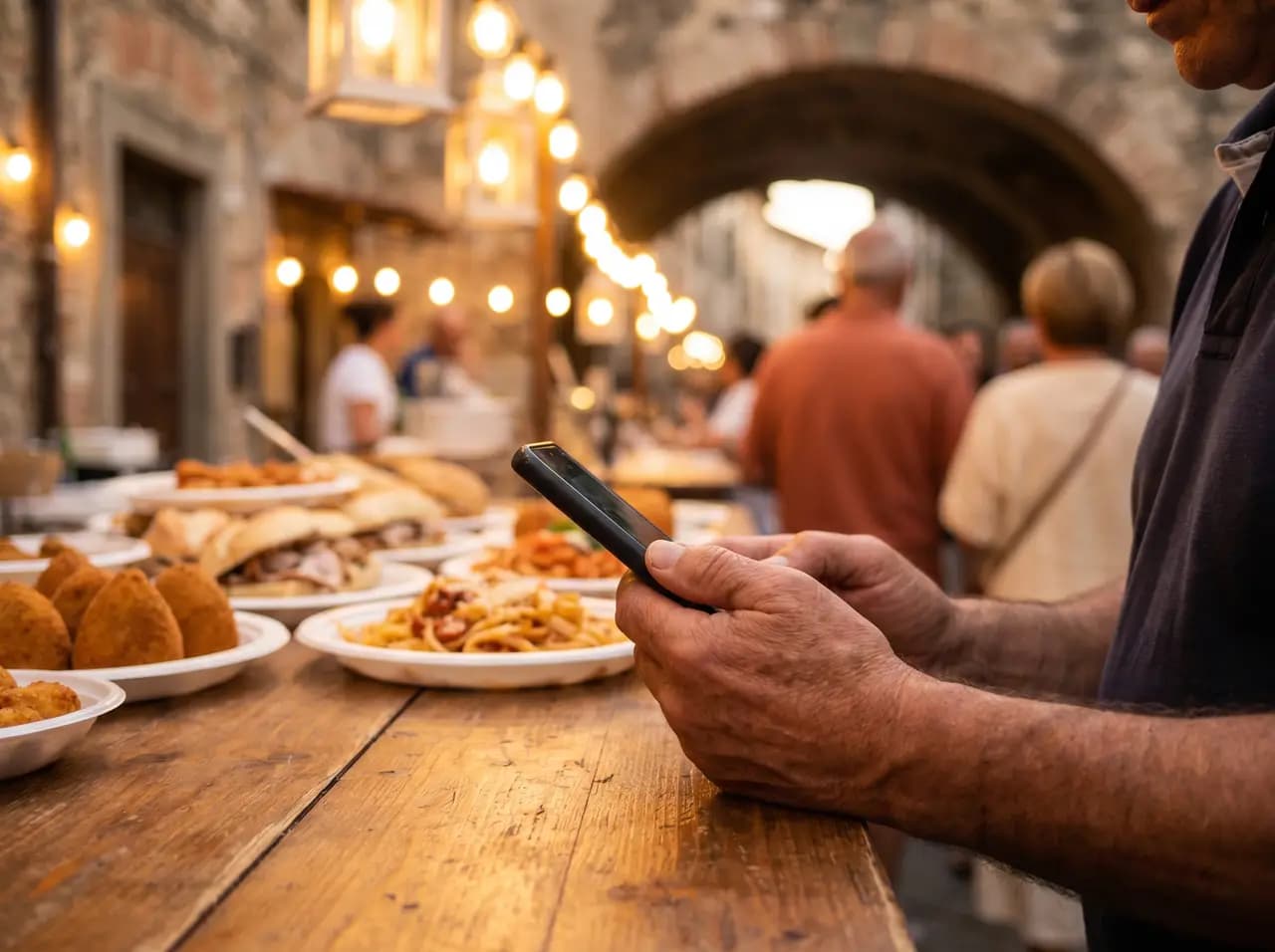Cliente che paga con il telefono a una bancarella